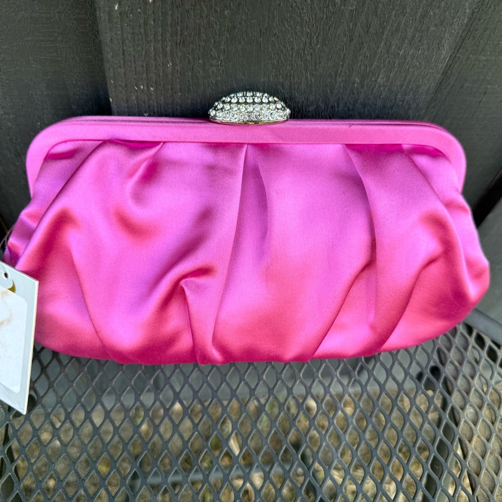 Pink Satin Pleated Clutch with Crystal Kiss Lock